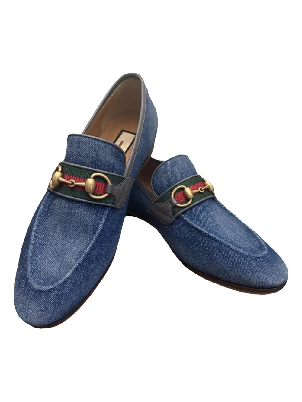 Gucci Blue Denim Horsebit Loafers with Green & Red Web